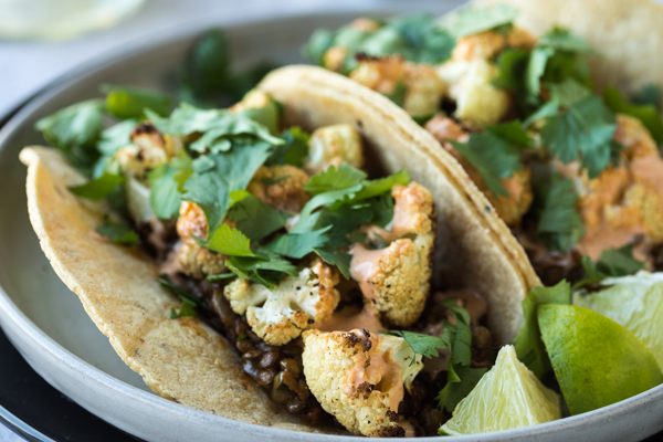 Roasted Cauliflower & Lentil Tacos 
With Creamy Chipotle Sauce