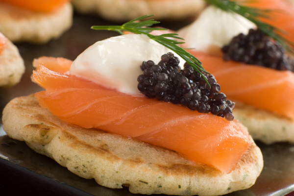 Blini with Caviar, Smoked Salmon & Crème Fraiche