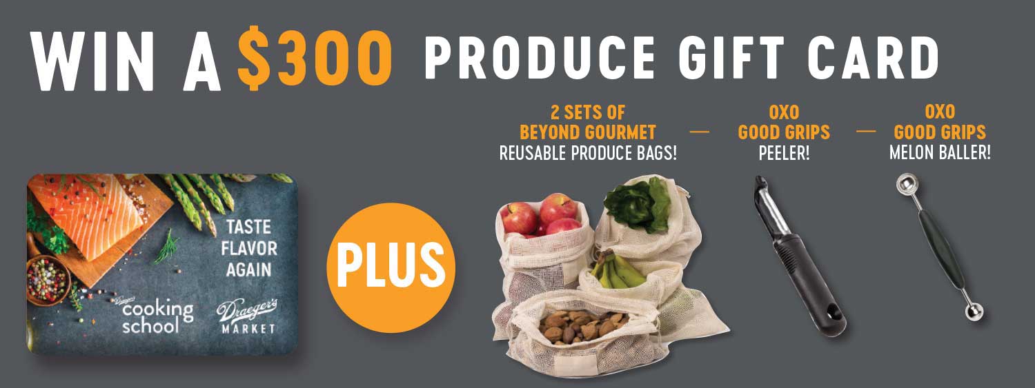 wine a 300 dollar produce gift card plus 2 sets of beyond gourmet reusable produce bags, an oxo good grips peeler, and an oxo good grips melon baller